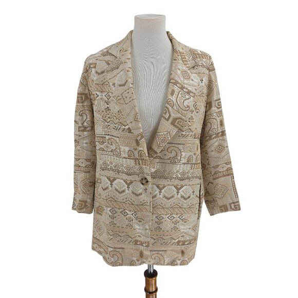 Vintage Beige & Tan Geometric Patterned Blazer - Size S, 2-Button Closure - Picture 1 of 8